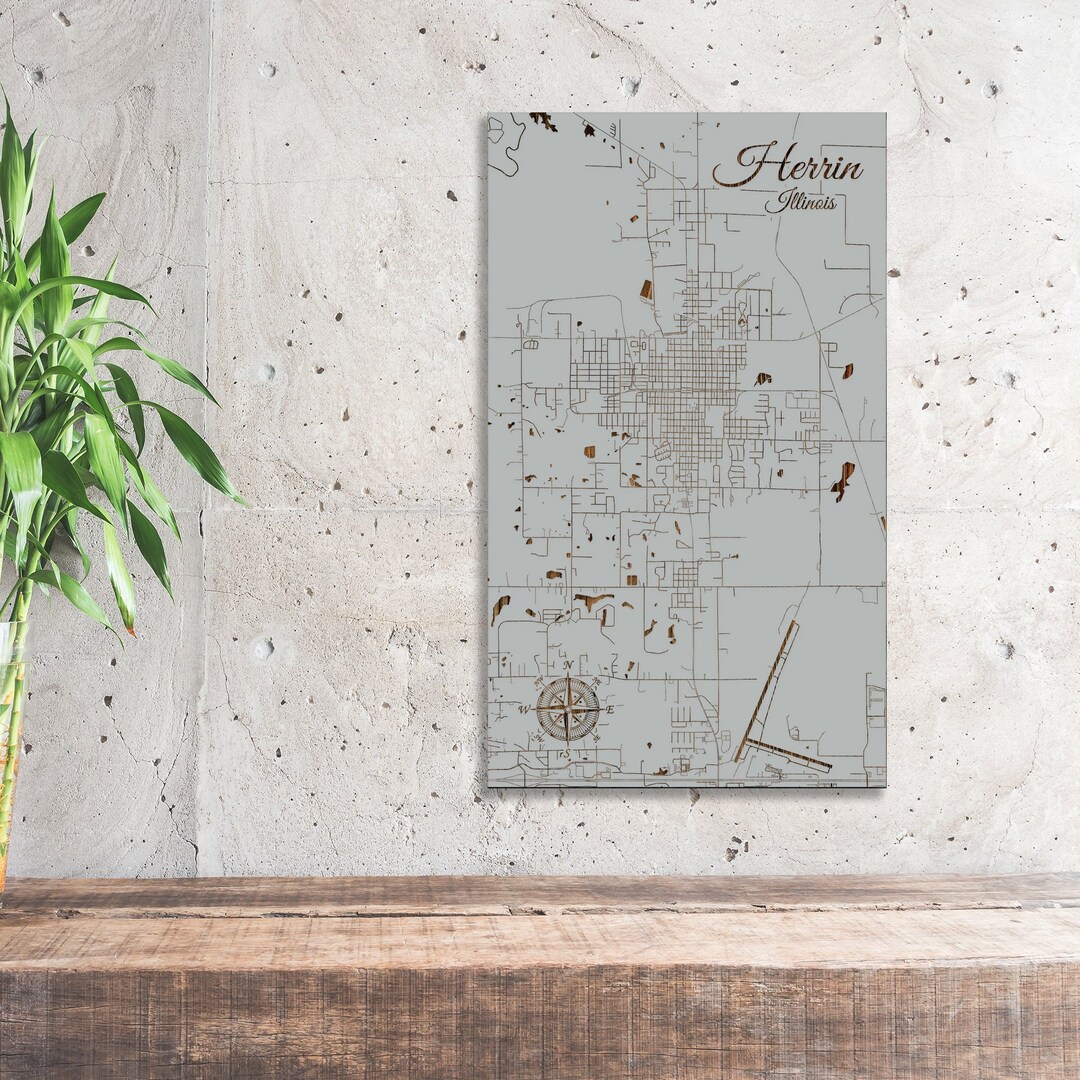 Illinois Herrin Street Map Wood Engraved Maps Wall Art Etsy