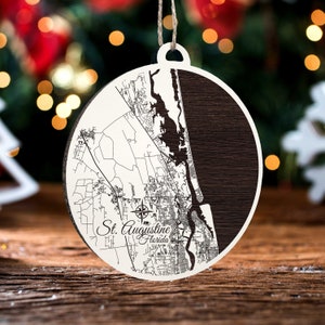 St. Augustinus, Florida Ornament | Gegraveerd houten kaartornament | Handgemaakte vakantie- en woondecoratie | Kerst versiering