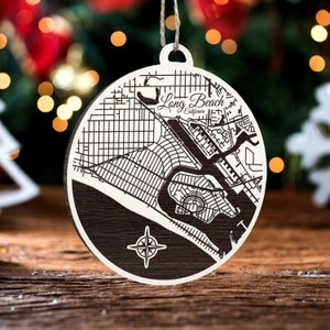 Long Beach, Kalifornien Weihnachtsornamente | Gravierte Holz Landkarte Ornament | Handmade Urlaub & Wohndekor | Weihnachtsschmuck