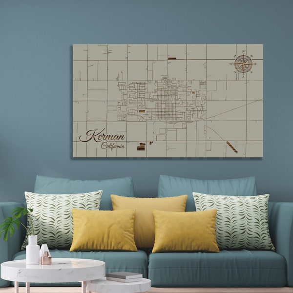 Kerman, California Street Map |  Wood Engraved Maps | Wall Art| Wood Wall Decor | Wood Engraved Map of Kerman, CA