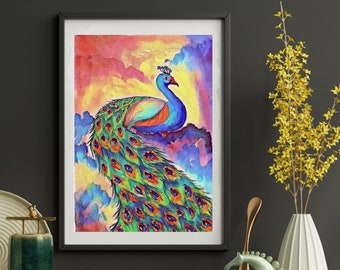 DIGITAL DOWNLOAD, Watercolor Peacock Wall Art, Printable Art