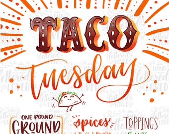 Könnte beinhalten: Eine druckbare Rezeptkarte mit handgeschriebenem Titel "Taco Tuesday". Das Rezept benötigt ein Pfund Rindfleisch, Quinoa, Leinsamen und Knoblauch. Es listet auch Gewürze und Toppings auf, darunter Salat, Salsa, gebratene schwarze Bohnen und griechischer Joghurt.