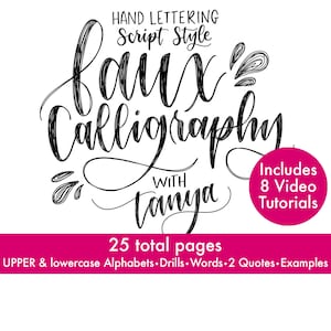Faux Kalligraphie Handlettering KURS Durchzeichnung Arbeitsblatt Vorlagen zum Ausdrucken, Video-Tutorials keine Kalligraphie Stift, Kalligraphie Brief schreiben