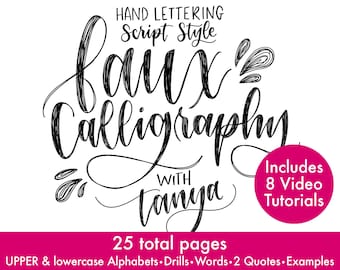 Faux Calligraphy Hand lettering COURSE tracing worksheet templates printable, video tutorials no calligraphy pen, write calligraphy letter