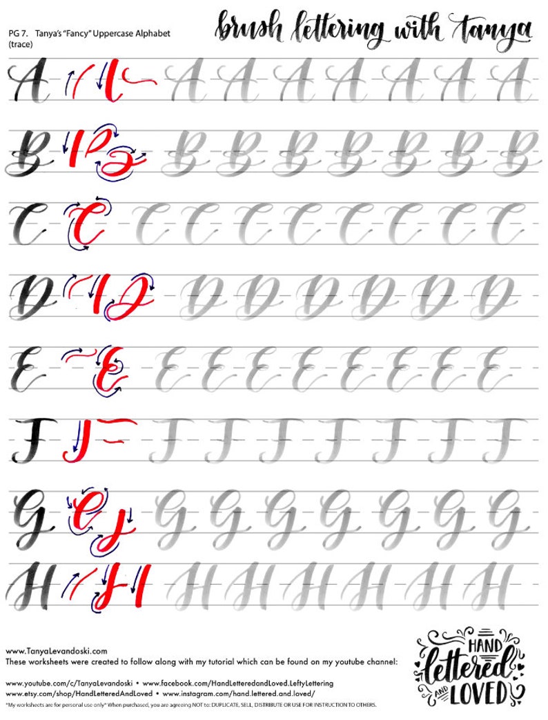 Uppercase Alphabet Brush lettering worksheets-printables, Tanya's two alphabet styles, practice sheets, drills, custom quote, Capitals image 3