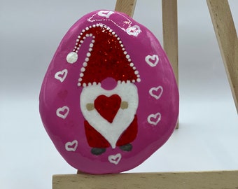 Little gnome holding heart, painted rock