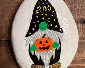 Painted Halloween Gnome Rock: Acrylic Pumpkin Decor (4x3")