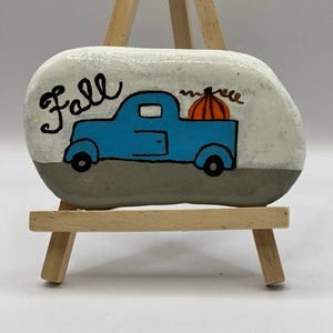 Fall blue truck hand painted rock