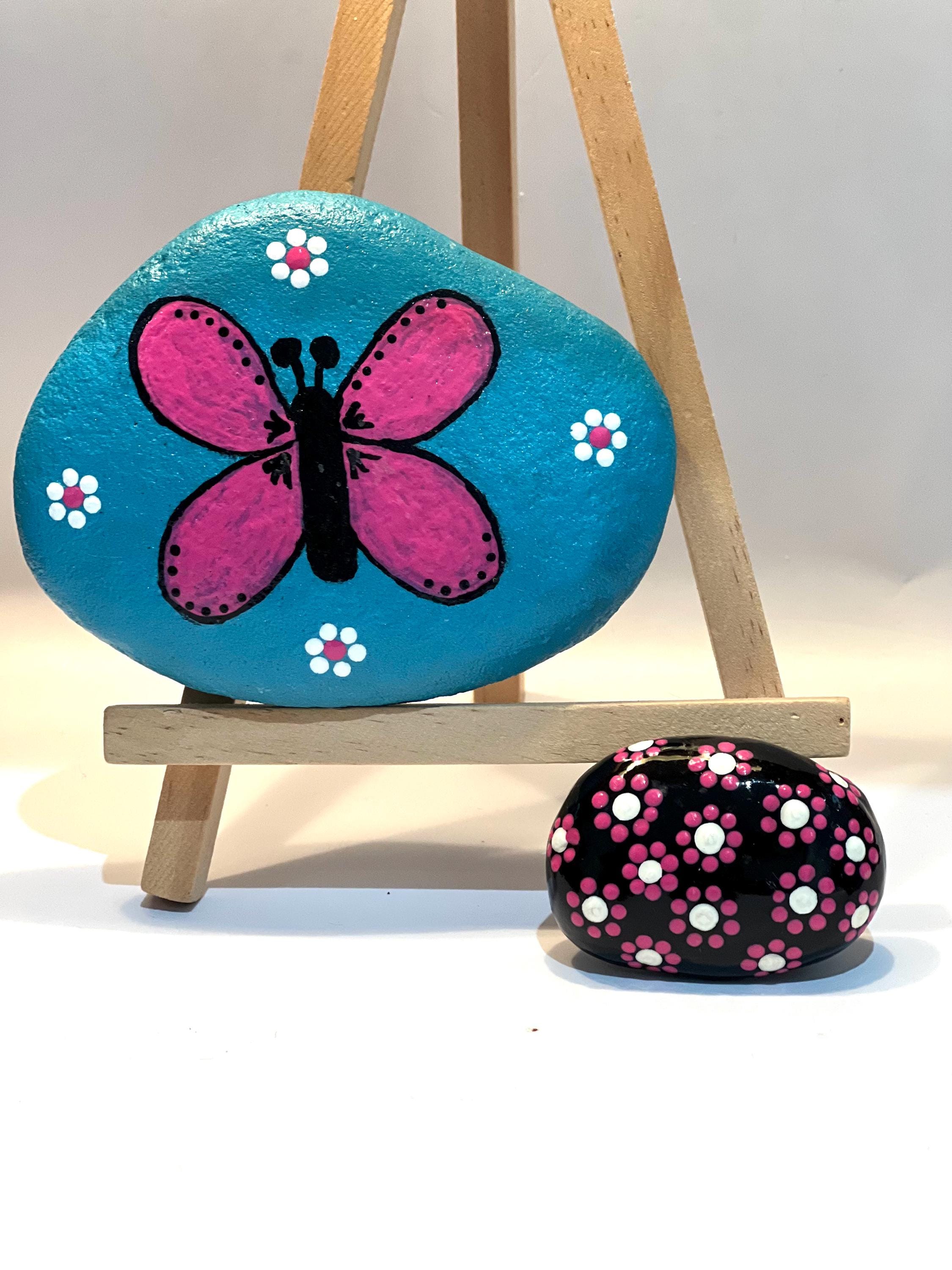 Butterfly and dotted hand painted river rock-set of 2