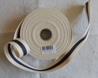 Sangle bagagère, coton, bicolore, couleur Ecru/Bleu Marine/Ecru, largeur 30 mm