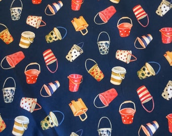 Fabric coupon, Cotton, Mickael Miller, beach bucket pattern, navy blue background, red white ocher tone patterns