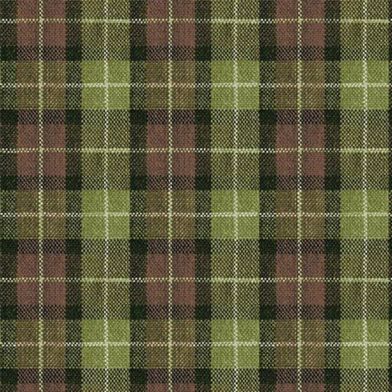May include: A green, brown, and black plaid fabric with a woven texture.