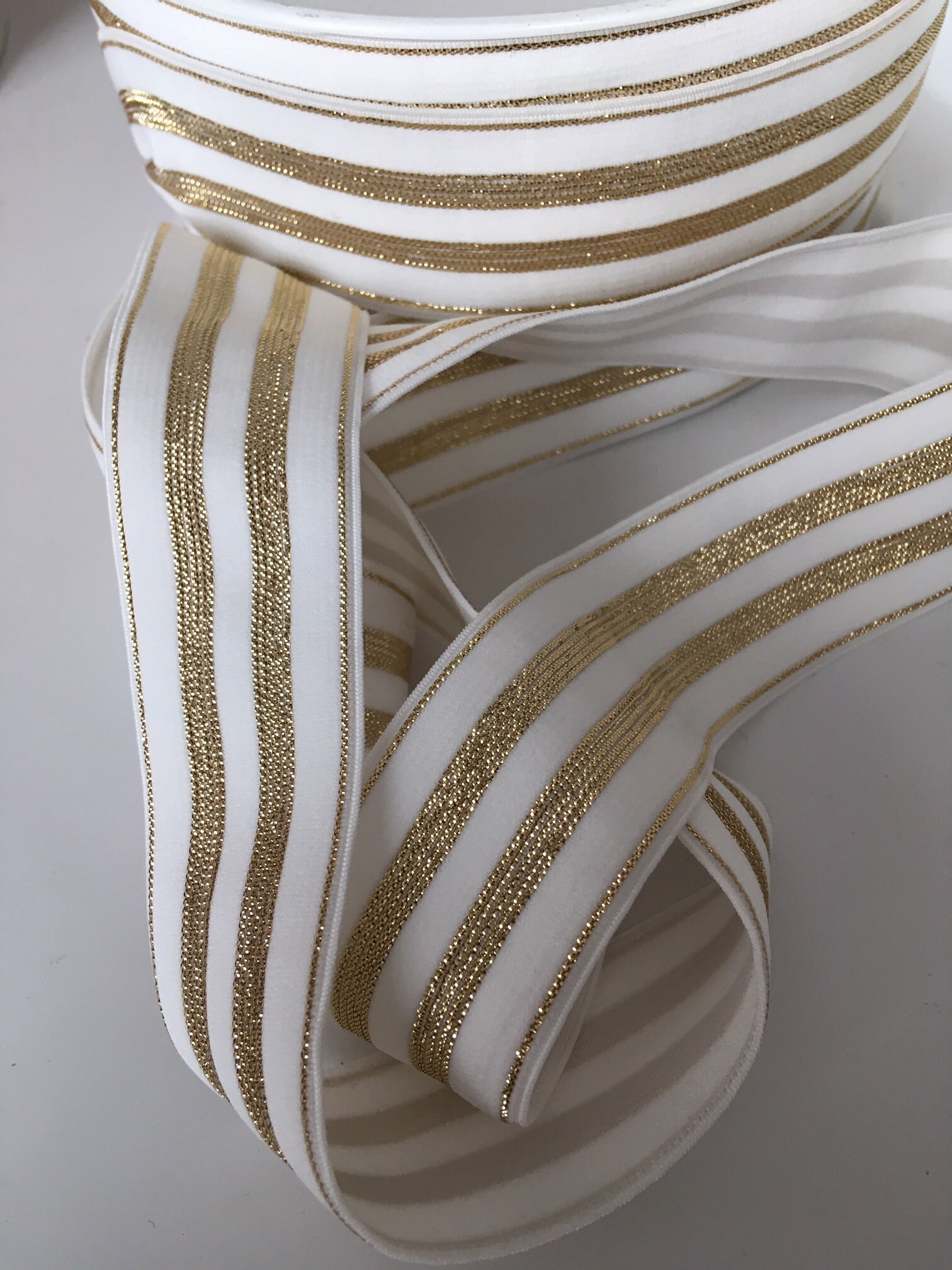 Elastic Ribbon White Color Gold Lurex Stripes Width 30 Mm Etsy