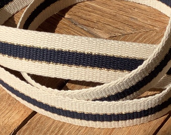 Luggage strap, cotton, 3 bands, gold metal thread, Ecru and navy color, Width 3 cm