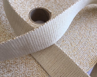 Alça para bagagem, algodão, glitter dourado, cor cru (051), largura 3 cm