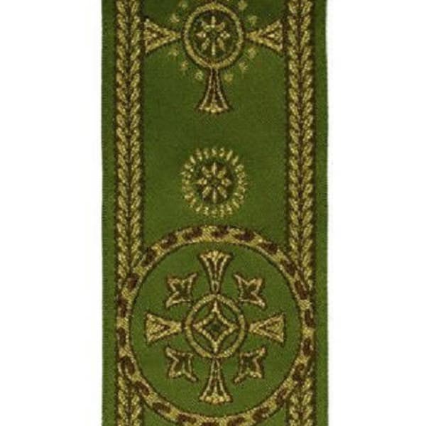 Galón religioso, para ornamentos litúrgicos, Color verde (0230), modelo Palmetas Oro, Ancho 9 cm