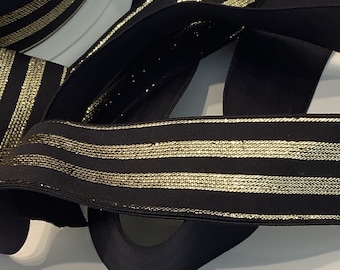 Elastic ribbon, black color, gold lurex stripes, width 30 mm