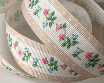 Large grain ribbon, polyester, width 25 mm, beige background, flower pattern