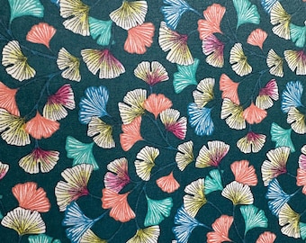 Coated cotton fabric, floral print, duck blue background, 140cm wide, sold in 10cm increments