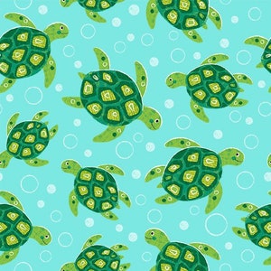 Buono sconto tessuto, cotone, Mickael Miller, motivo tartaruga, sfondo blu-verde, motivi nei toni del verde