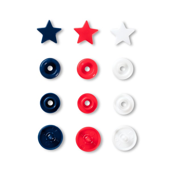 Boutons pressions, Prym love Color snaps, Motif Etoile, Diamètre 12,4 mm, Tons Bleu/Blanc/Rouge