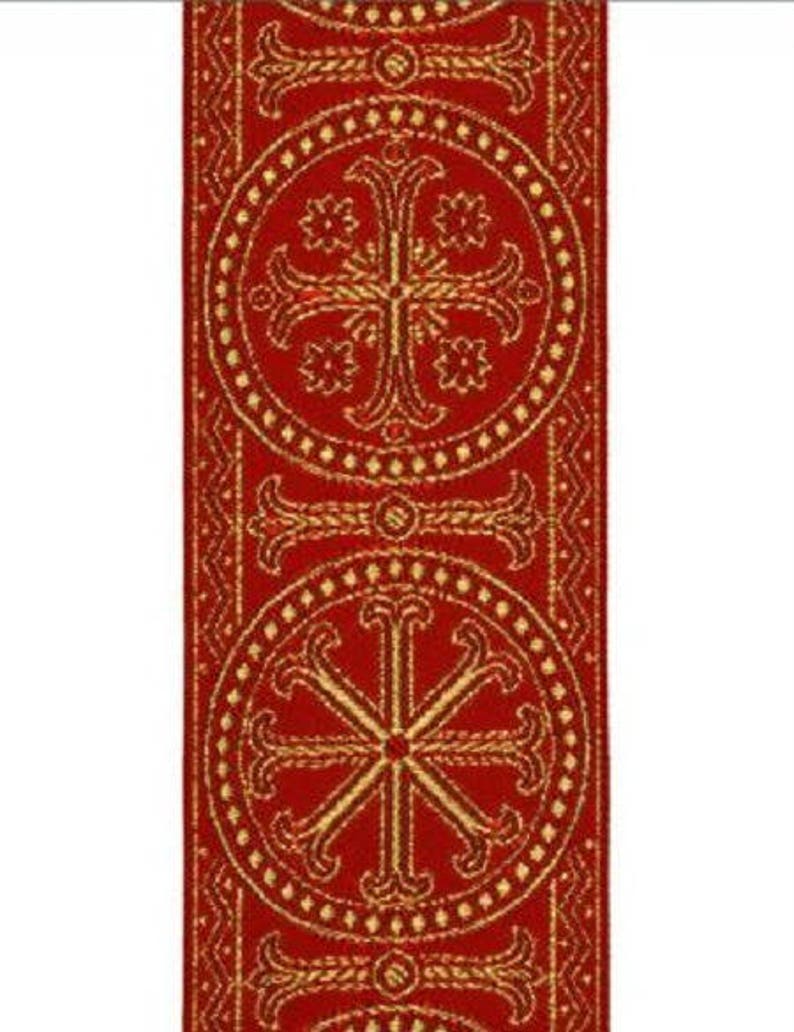 Religious galon, for liturgical ornaments, Red color 1072, Ruota model, Width 9 cm image 1