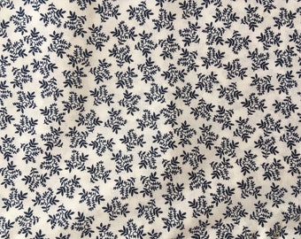 Floral Cotton Fabric Coupon (MT20) White Background Small Navy Blue Leaves Pattern