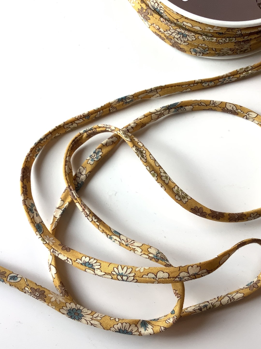 Spaghetti Ribbon Cotton Spaghetti Ribbon With Ochre Background and Flowers (22) - Etsy