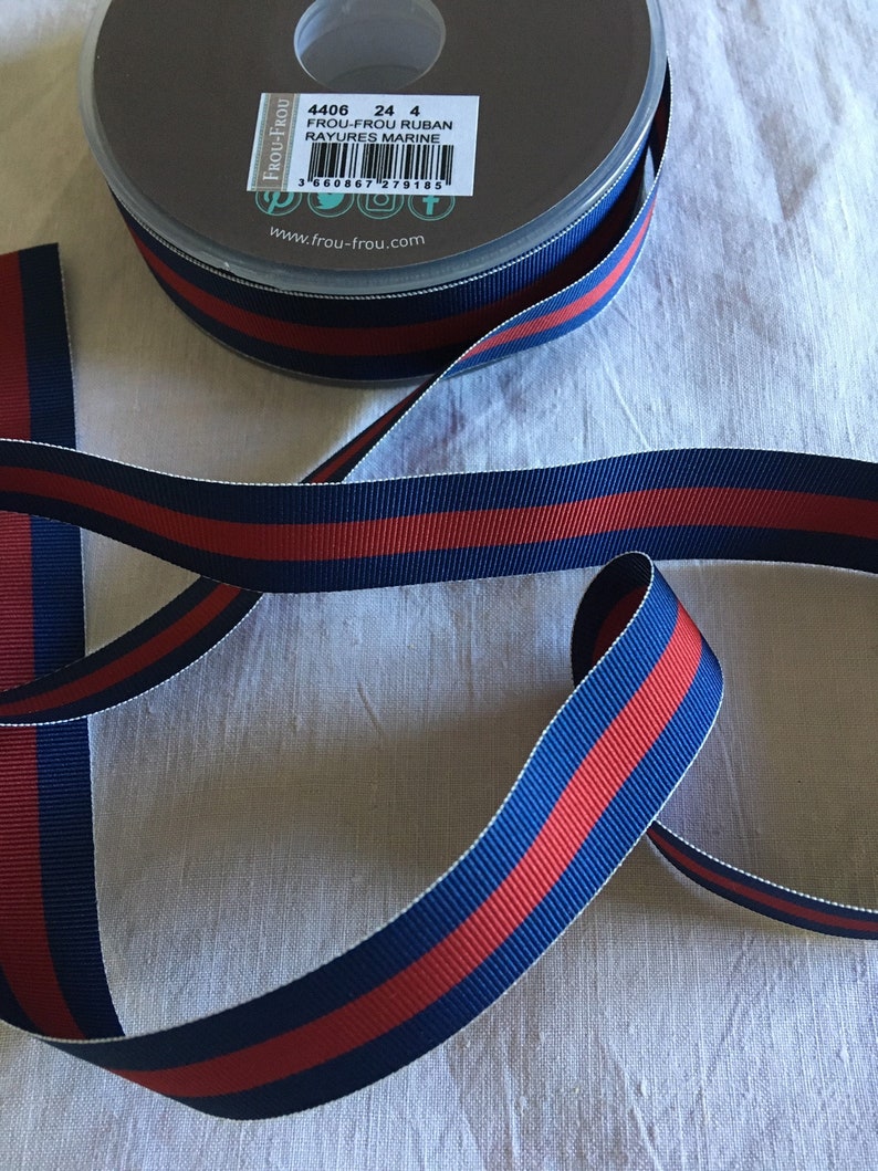 BlueRedBlue Color Marine Stripe Pattern Big Grain Ribbon Width 24 mm
