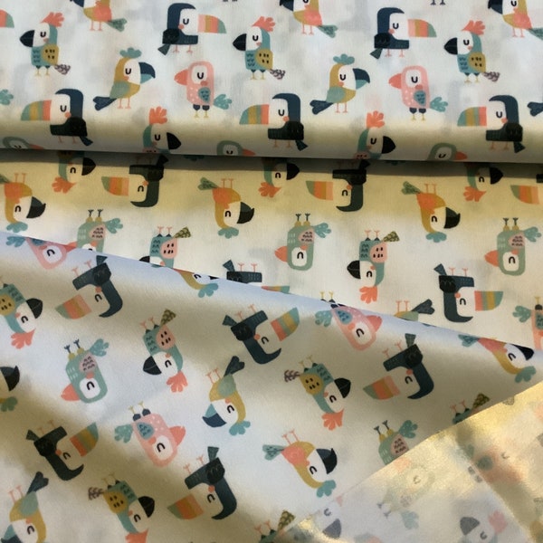PUL fabric, waterproof, color gray pattern toucans, sold by 50 cm