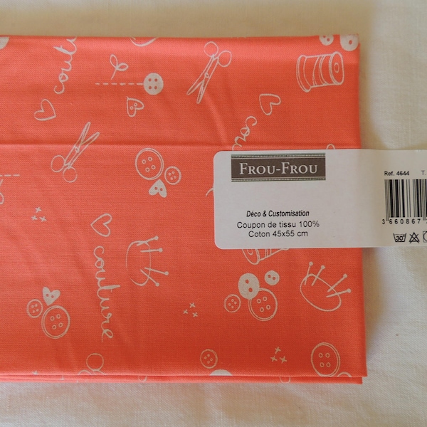 Coupon tissu coton I Love couture Motif Couture Corail/Ivoire nacré