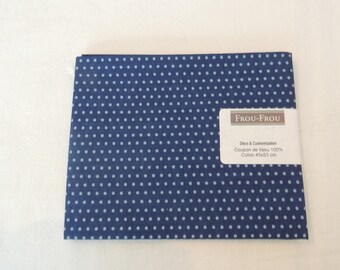 Fabric coupon, cotton, patch, Navy blue background, light blue polka dots
