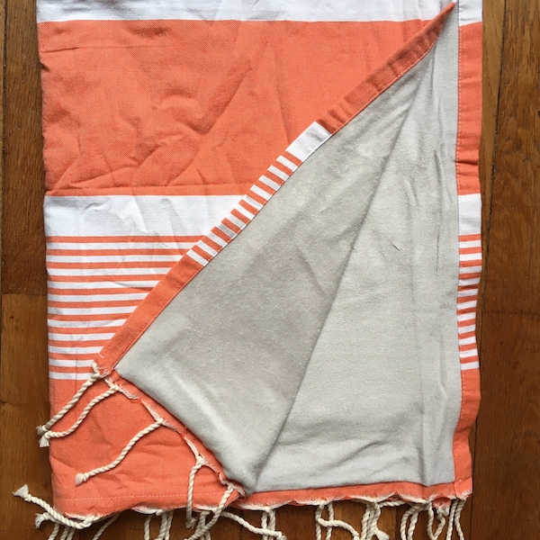 Fouta coton, doublée éponge, tons orange rayures blanches