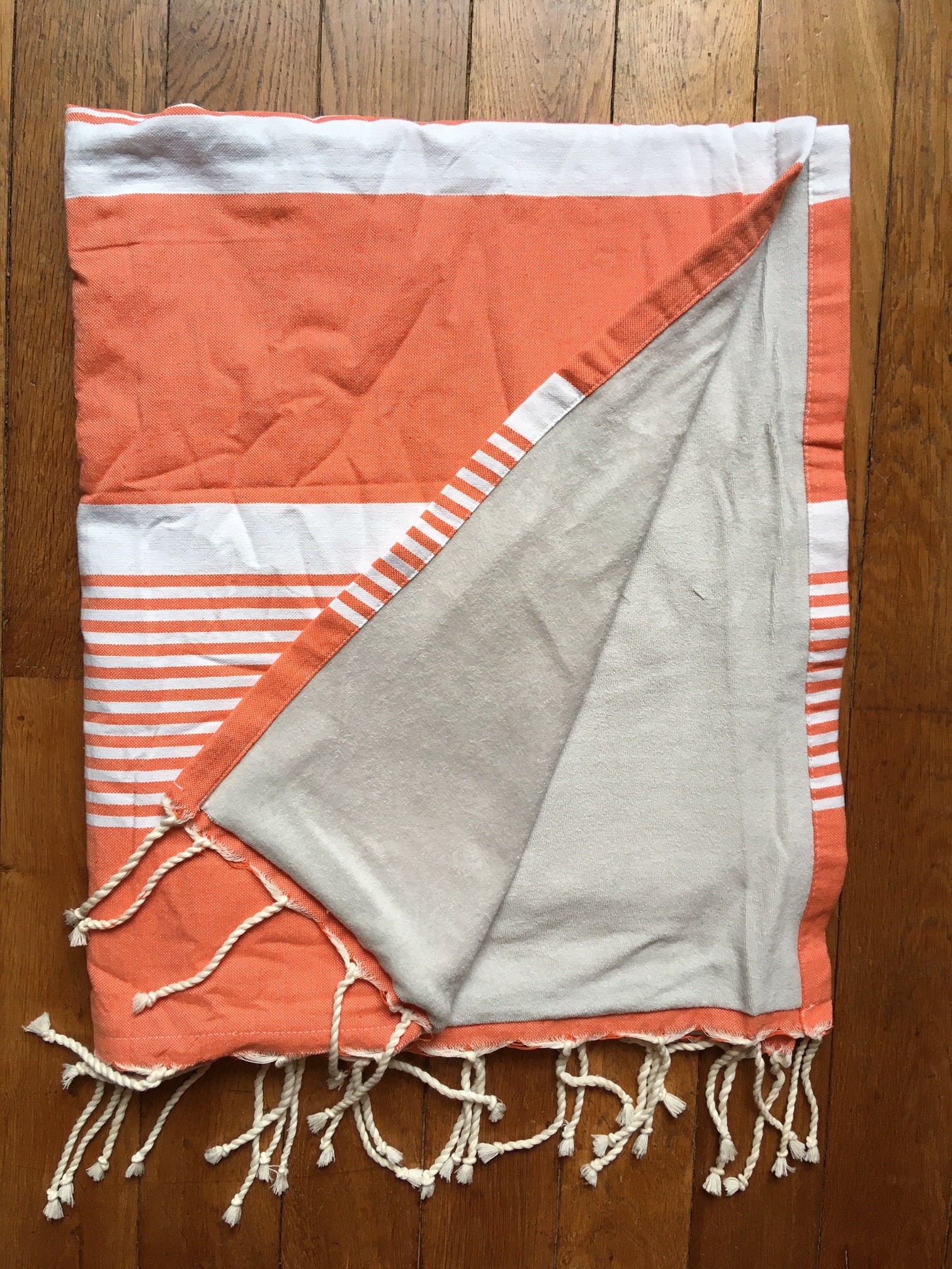 Fouta Coton, Doublée Éponge, Tons Orange Rayures Blanches