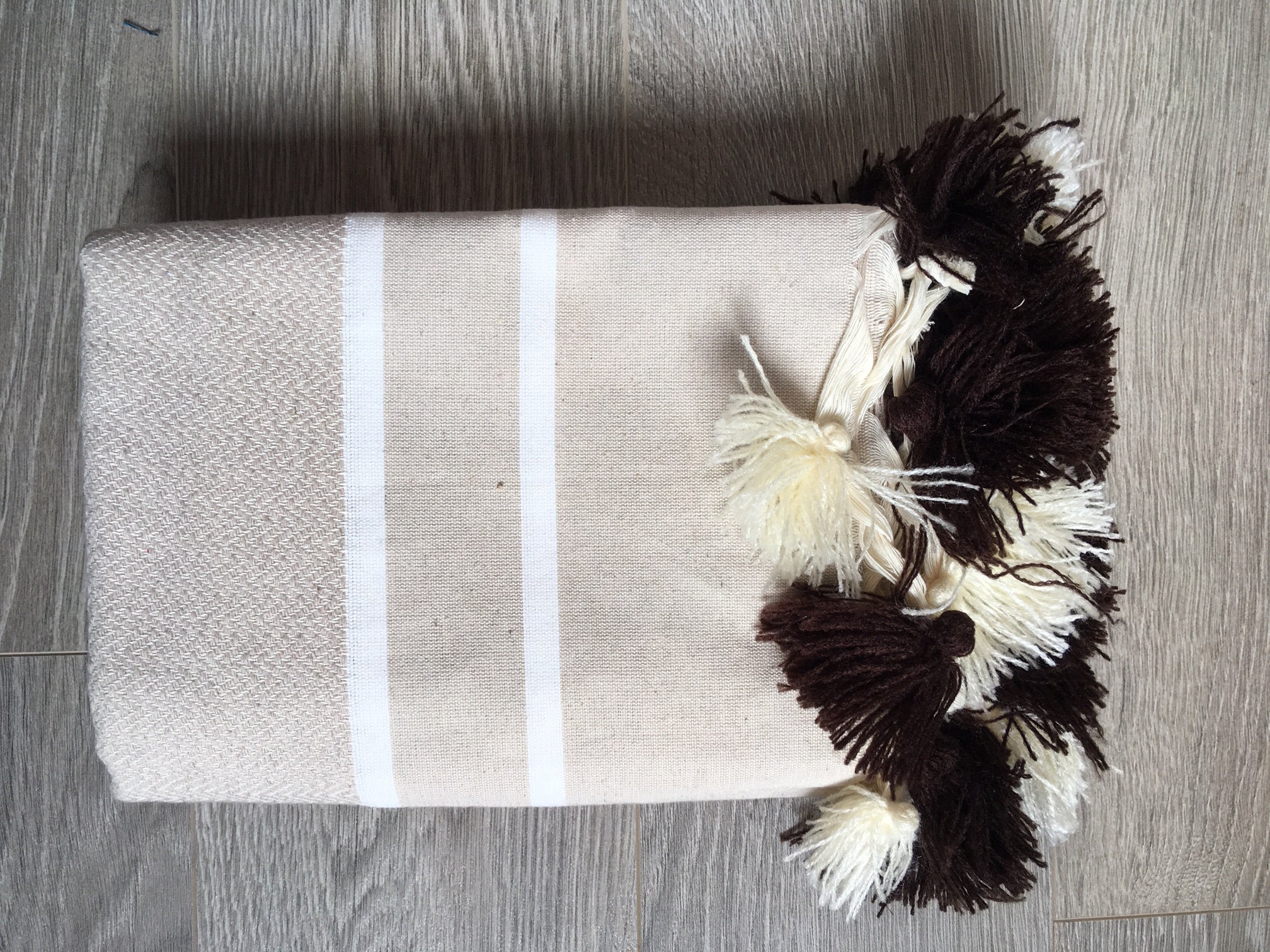 Fouta Coton, Pompon Chevron, Tons Taupe Clair