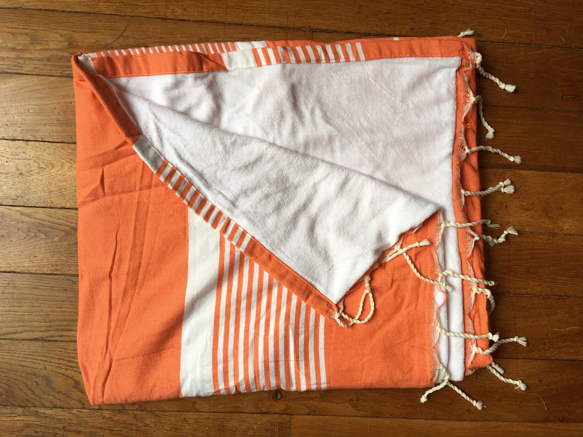 Fouta Coton, Doublée Éponge, Tons Orange Rayures Blanches