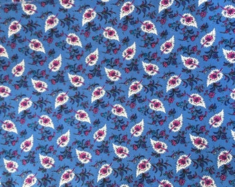 Cotton Fleuri Fabric Coupon (MT11) Blue Background Pattern Flowers and Leaves