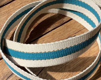 Bagagère strap, cotton, 3 stripes, golden metal thread, Ecru and duck blue color, Width 3 cm
