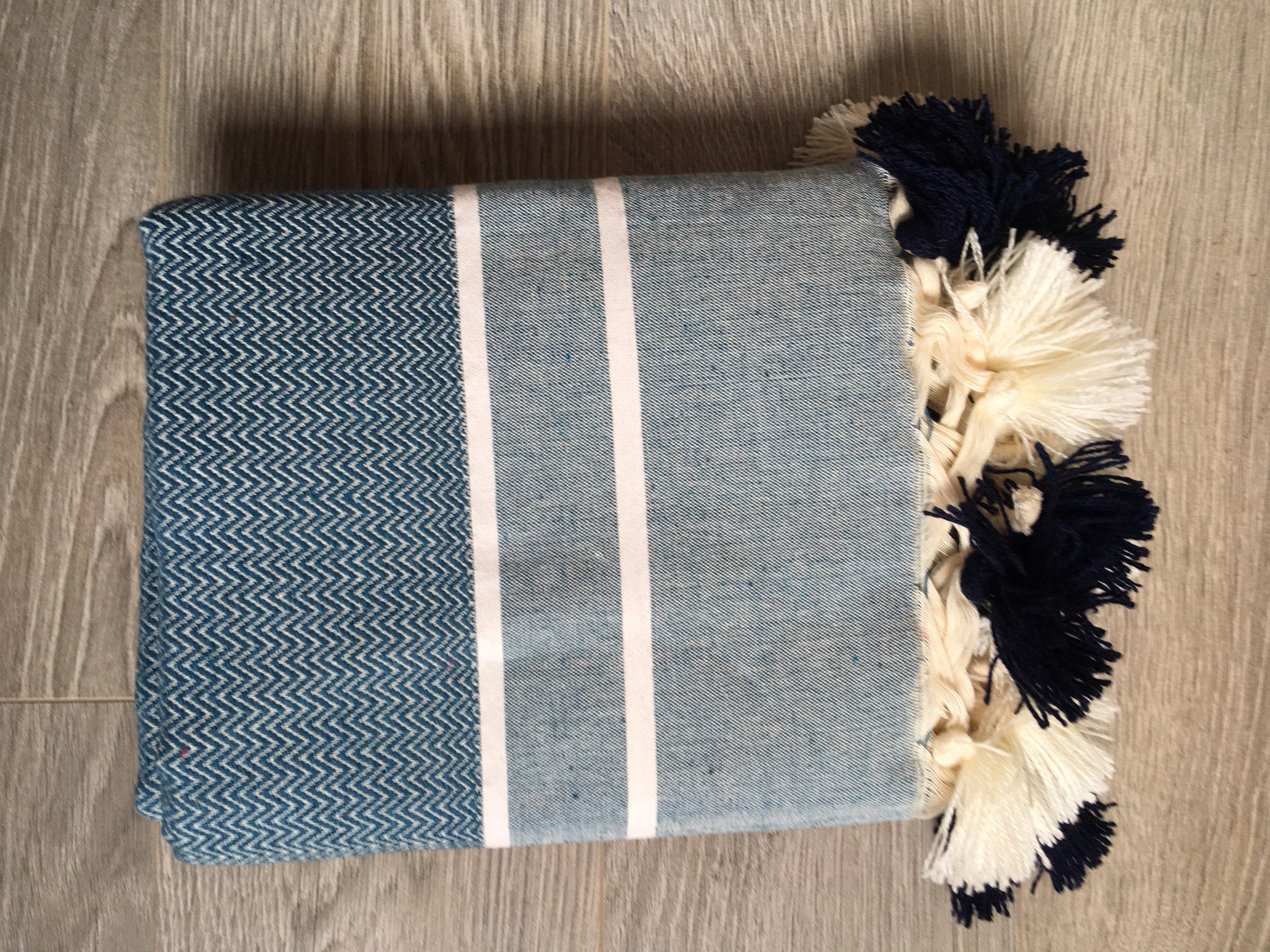 Fouta Coton, Pompon Chevron, Tons Bleu Jean