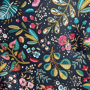 Coated cotton fabric, floral print, black background, width: 140cm, sold by 10cm