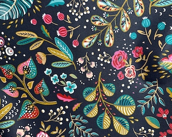 Coated cotton fabric, floral print, black background, width: 140cm, sold by 10cm
