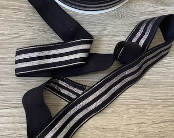 Elastic ribbon, black color, silver lurex stripes, width 30 mm