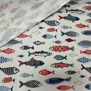 Coated cotton fabric, fish print, white background, width 140cm, sold by 10cm