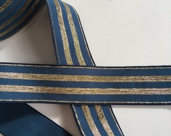 Elastic ribbon, blue color jeans, stripes lurex gold, width 30 mm