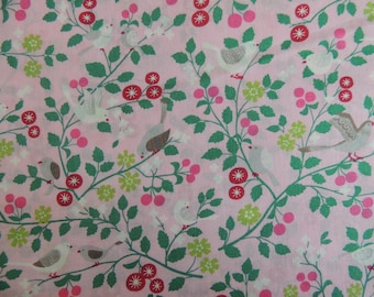 Pink floral background birds cotton fabric coupon