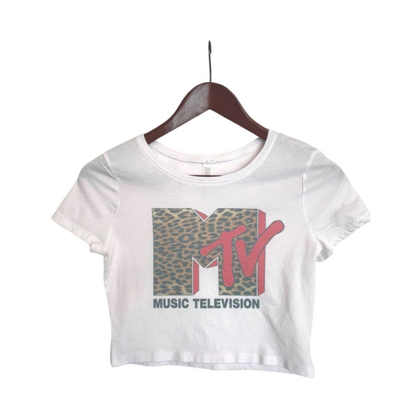 MTV Leopard Vintage Retro Faded Distressed Crop Top, Short Sleeve Crop Top,  Top for Women, Boho Hippie Clothing, 90s Fashion, Cheetah Shirt