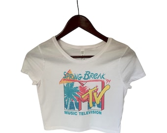 MTV Spring Break 94 'Vintage Retro Verblasstes Distressed Crop Top, Kurzarm Crop Top, Crop Top für Frauen, Boho Hippie Kleidung, 90er Mode