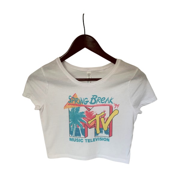 MTV Spring Break 94 'Vintage Retro Verblasstes Distressed Crop Top, Kurzarm Crop Top, Crop Top für Frauen, Boho Hippie Kleidung, 90er Mode