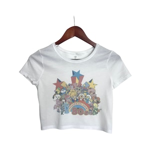 80s Cartoon Crop Top: Retro Distressed Fitted Tee