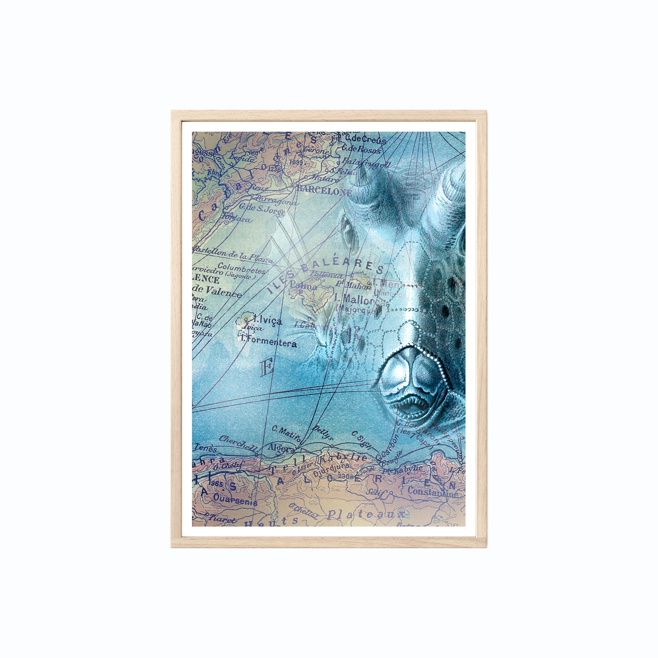 Affiche - Poisson Aux Îles Baléares | Méditerraanée & Ancienne Carte Collage Tirage Qualité Art